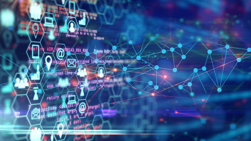 Technology icons transfer data through programming codes