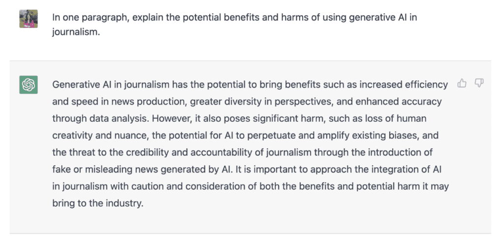 Screenshot of ChatGPT description of the benefits and harms of AI in journalism