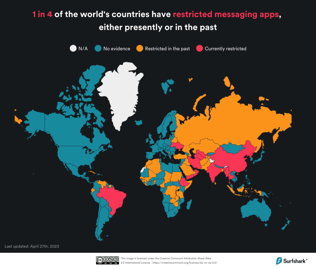 World map depicting that 1 in 4 of the world's countries have restricted messaging apps, either presently or in the past.